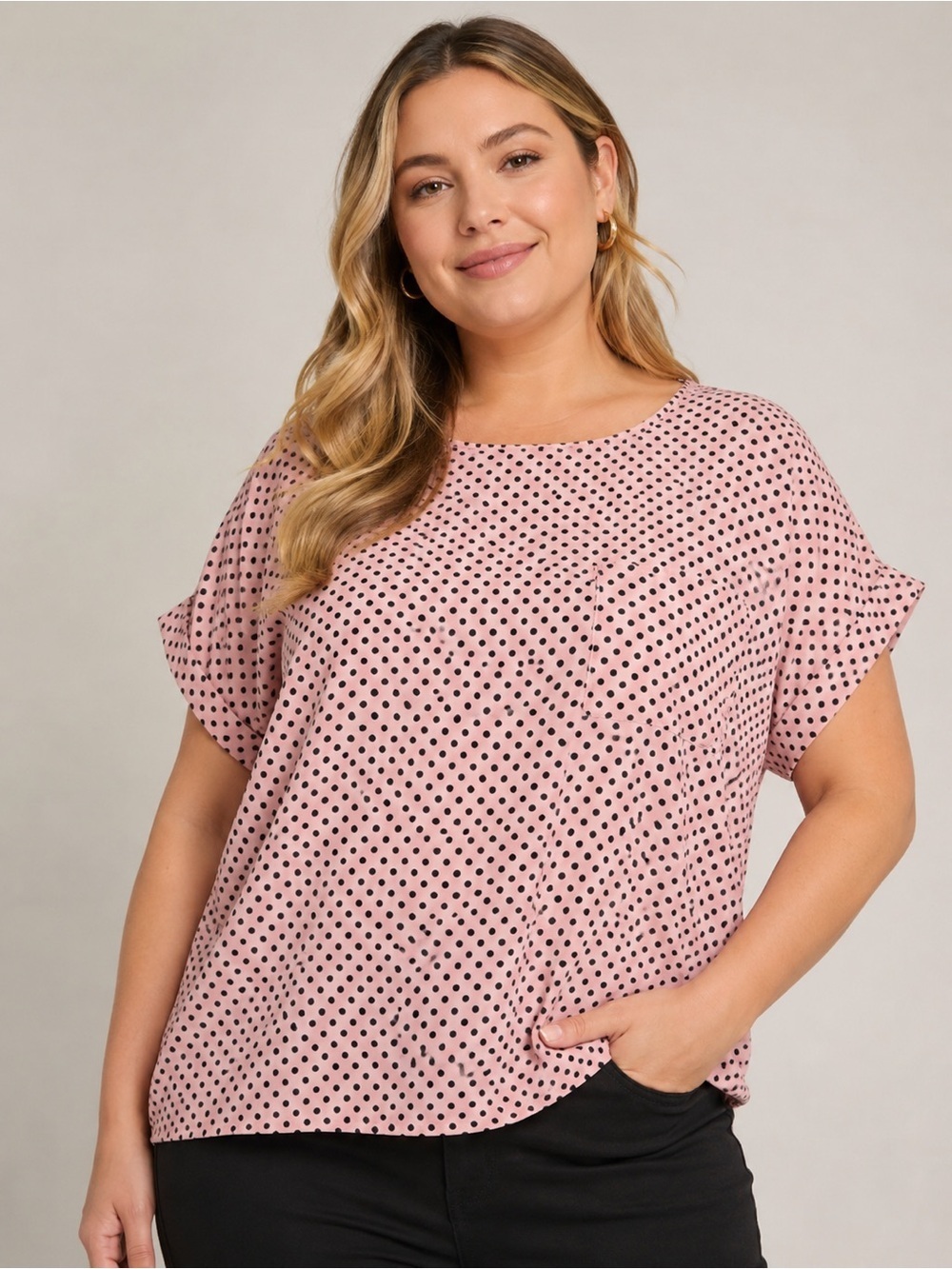 Jon & Anna Contemporary XL Pink Black Polka Dot Blouse Button Back Pocket Top
